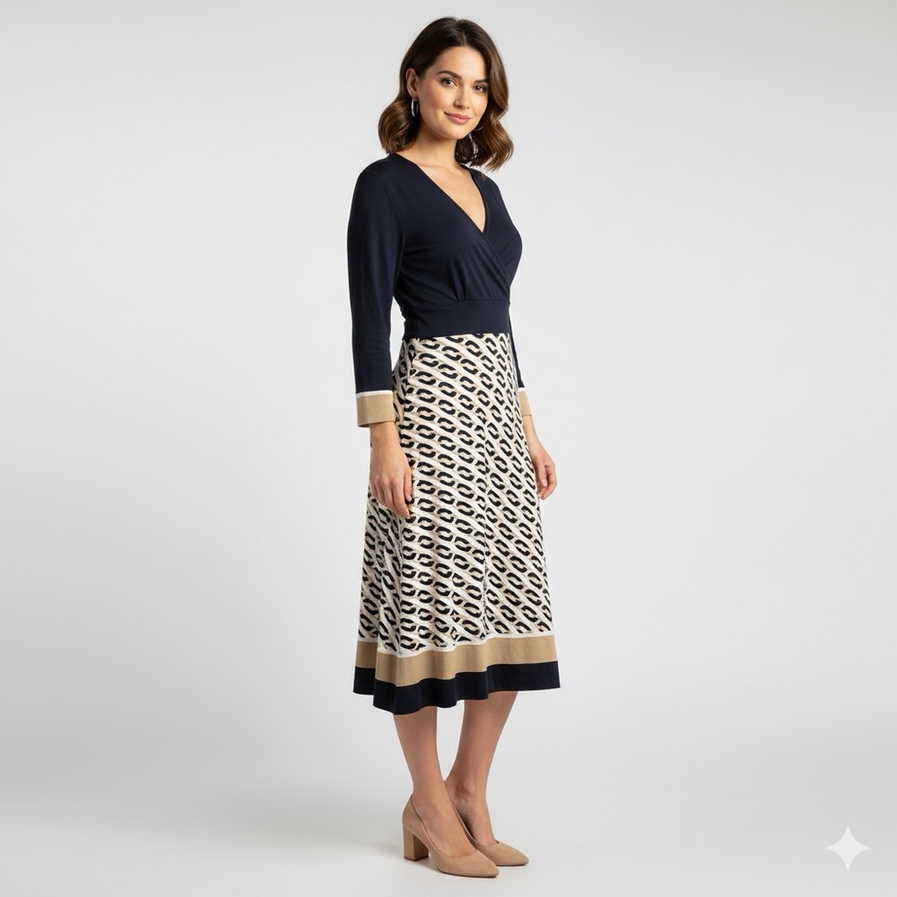 Talbots Navy and Cream 3/4 sleeve Midi dress size 8 petite soft Rayon‎ blend